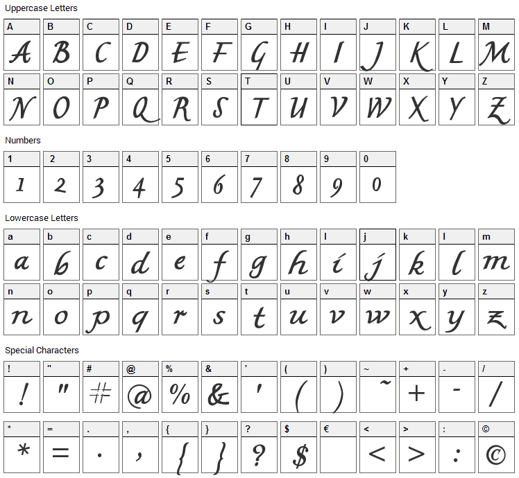 MK British Writing Font Character Map