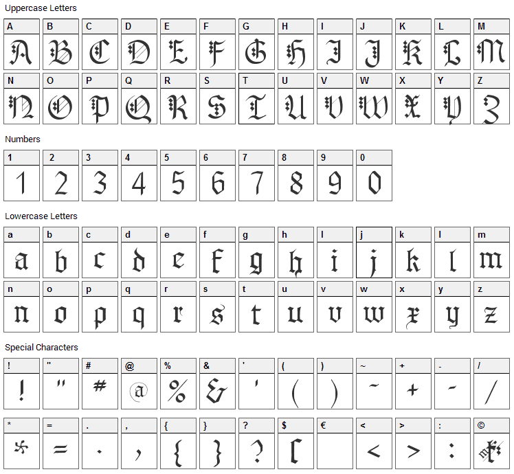 MK Broken Types Font Character Map