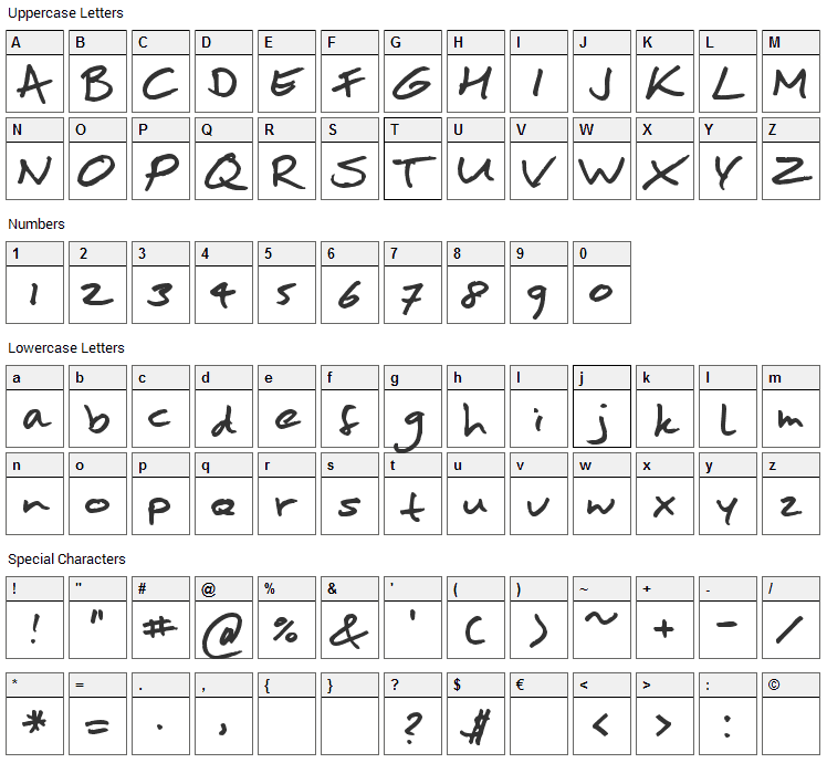 Moan Hand Font Character Map