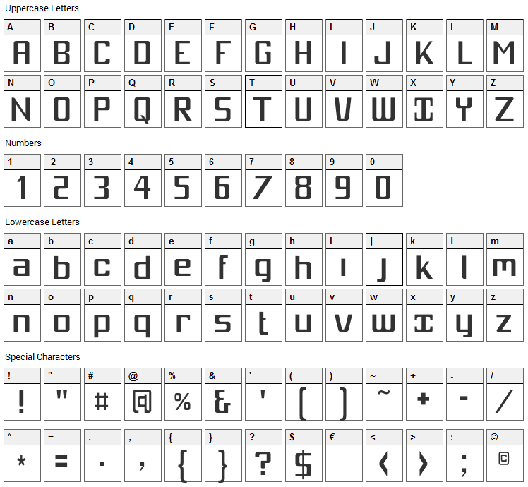 Mobitale Font Character Map