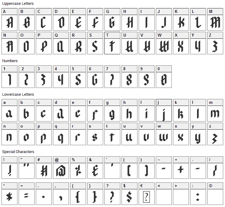 Modern Goth Font Character Map