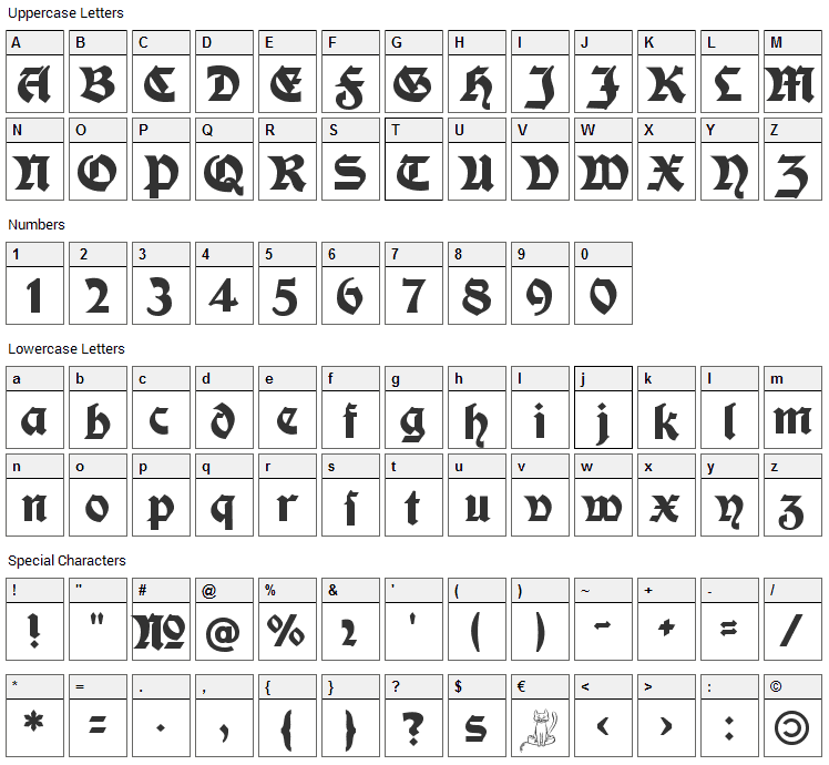 Moderne Fette Schwabacher Font Character Map