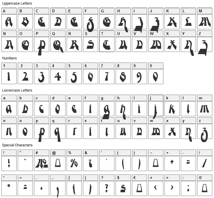Moderne Gekippte Schwabacher Font Character Map