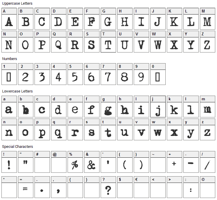 Moms Typewriter Font Character Map