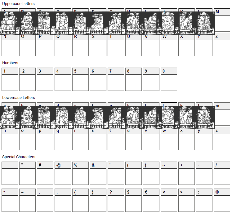 Monats Vignetten Font Character Map