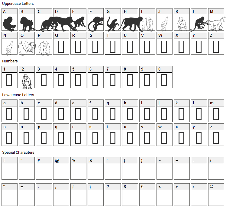 Monkeys DC Primates Font Character Map