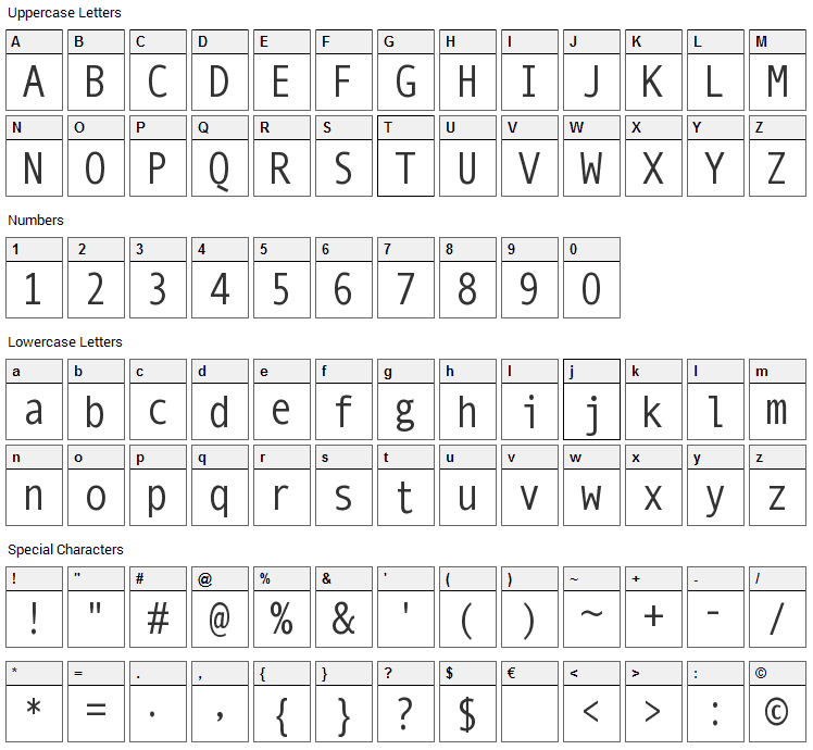 Mono Spatial Font Character Map