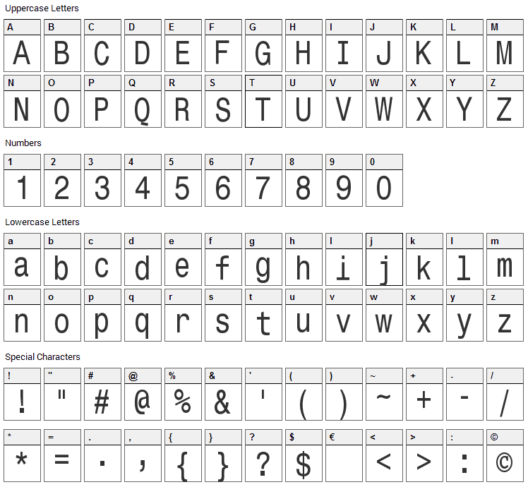 Monospace Typewriter Font Character Map