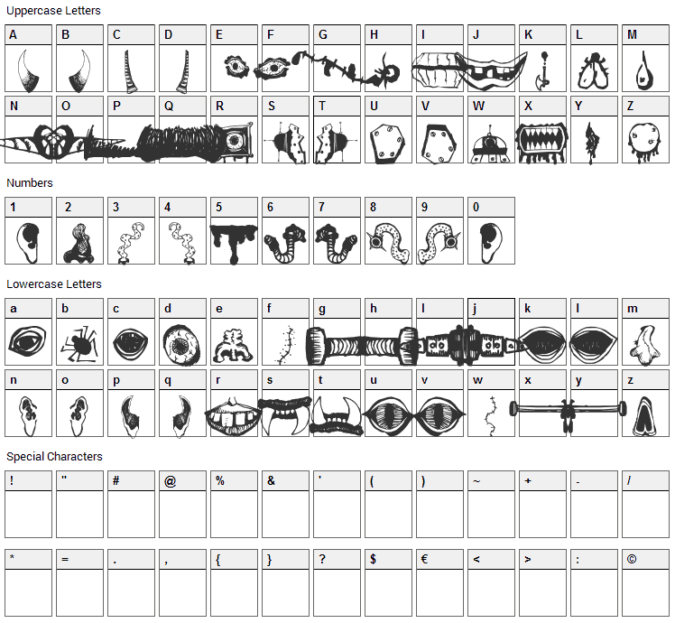 Monster Masher Font Character Map