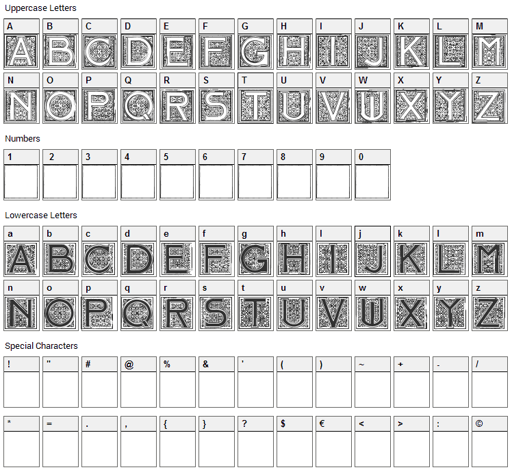 Mosaic Initials Font Character Map