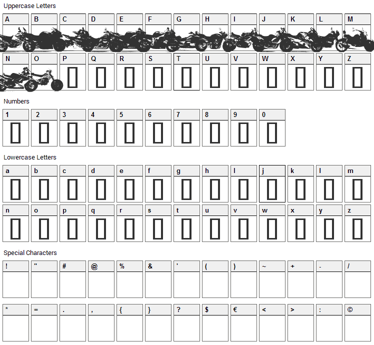 Motor Bikez Font Character Map