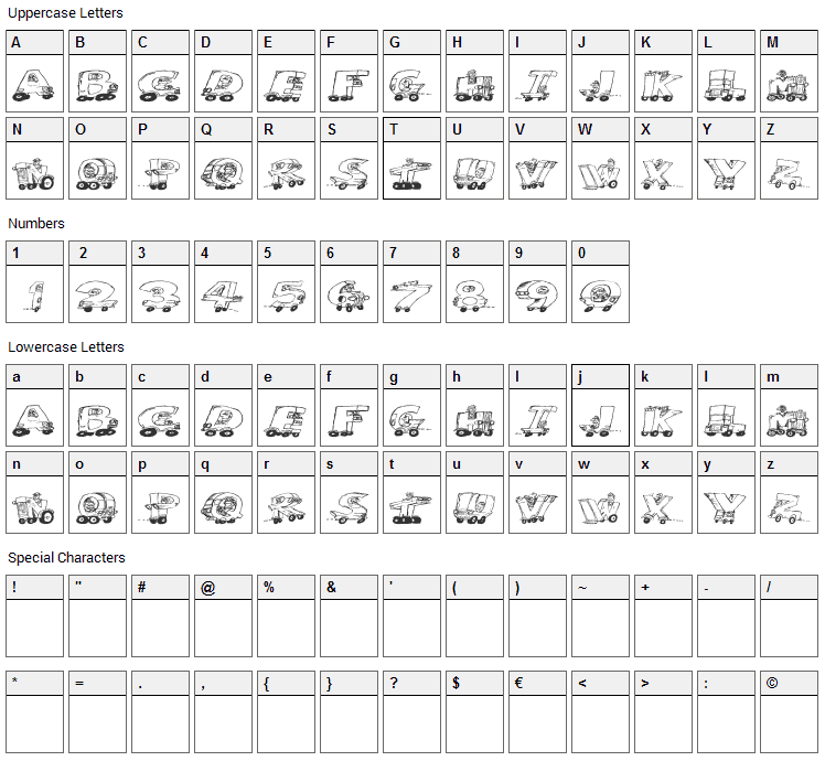 Motoring Font Character Map