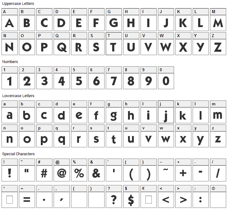 Mouser Font Character Map