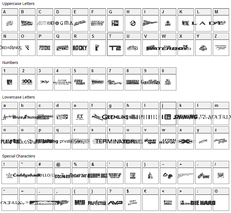 Movie Gallery Font Character Map