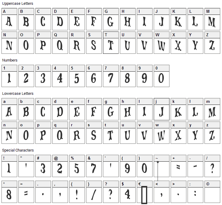 Movieola Titletype Font Character Map