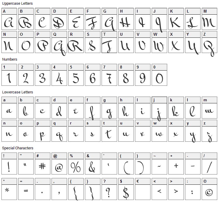 Mr Bedfort Font Character Map