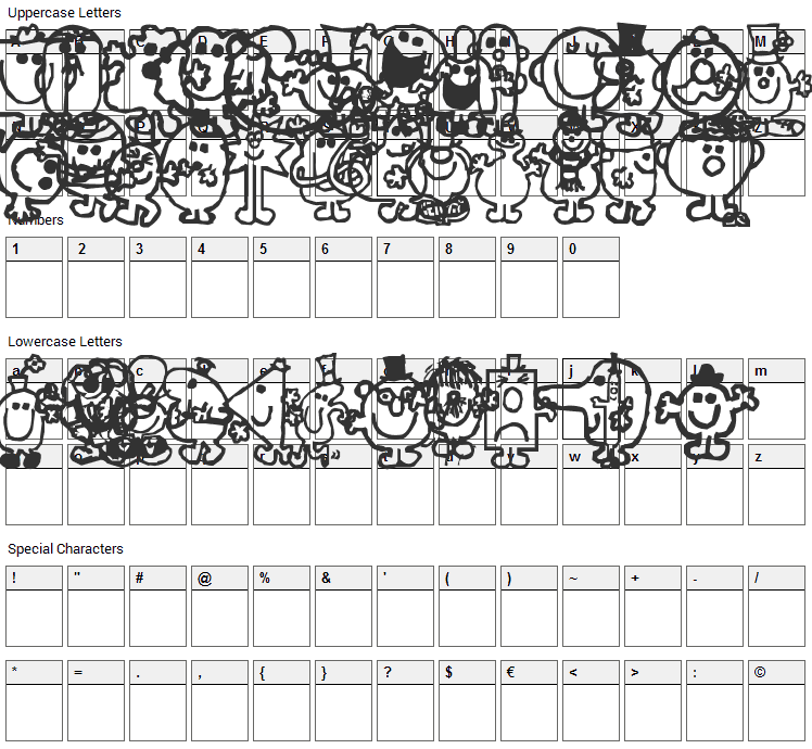 Mr Men Font Character Map