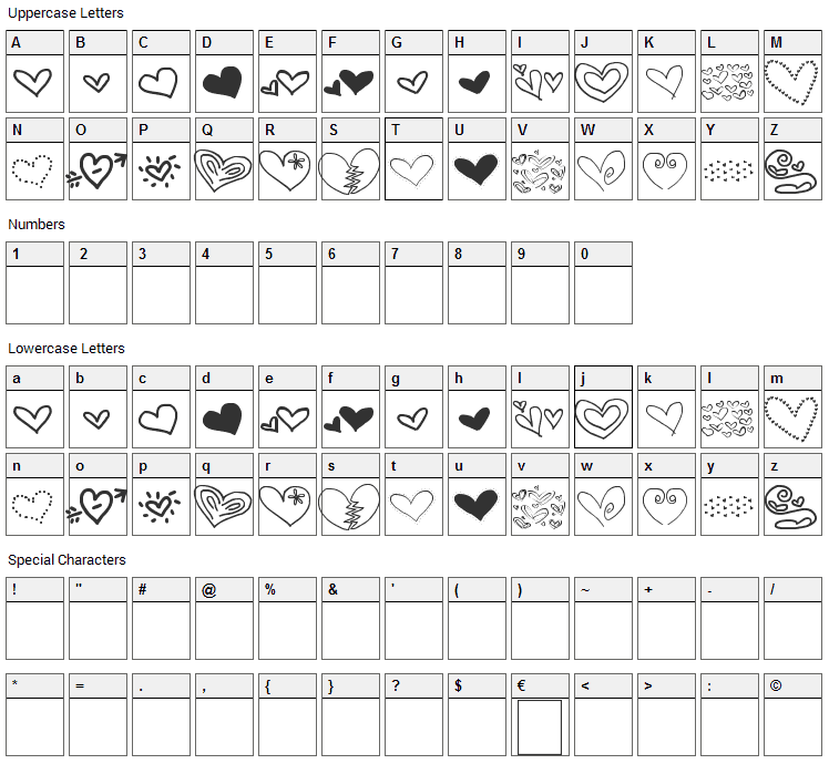 MTF Heart Doodle Font Character Map