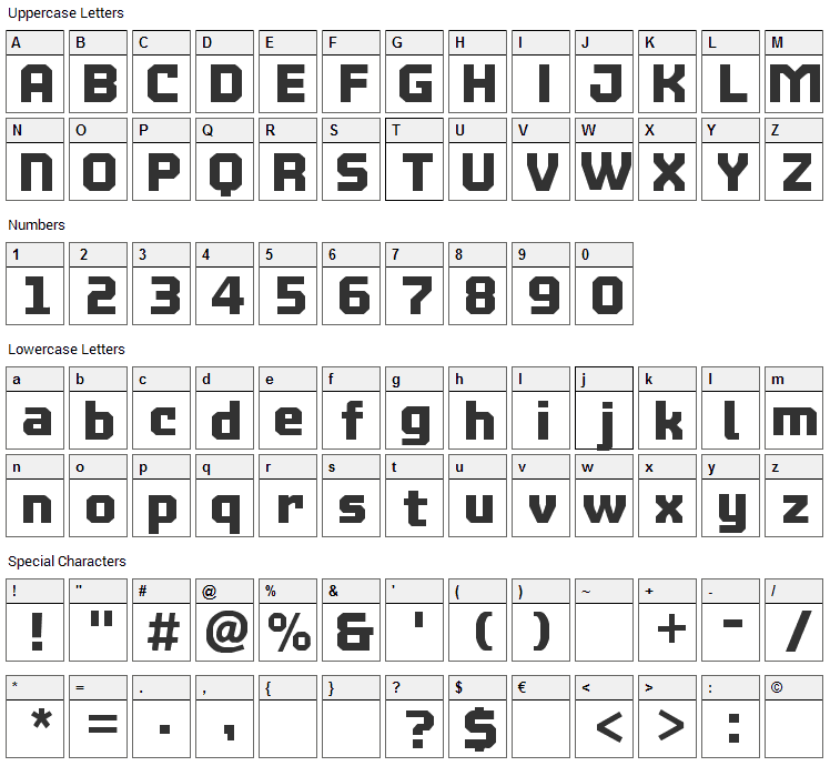 MTV2C Font Character Map