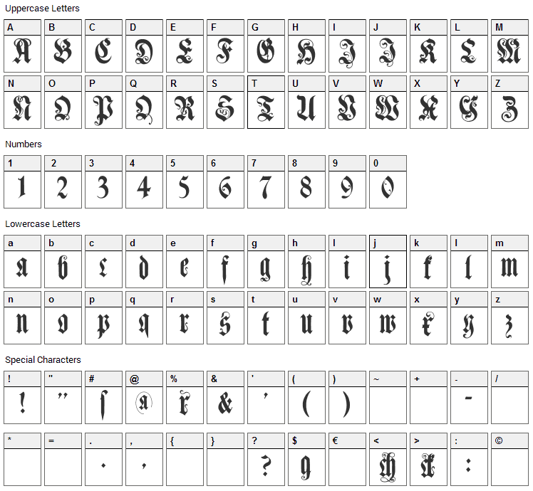 Muenchner Fraktur Font Character Map