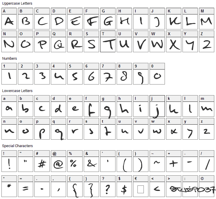 Mulder Handwriting Font Character Map