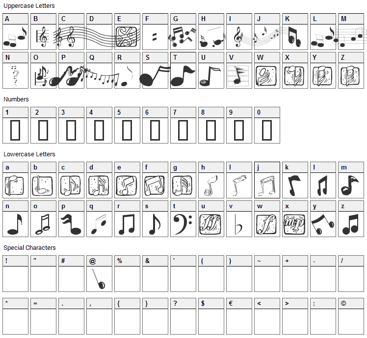 Music Elements Font Character Map