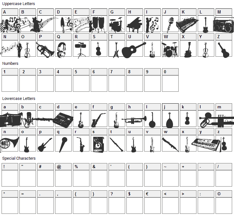 Music Font Character Map
