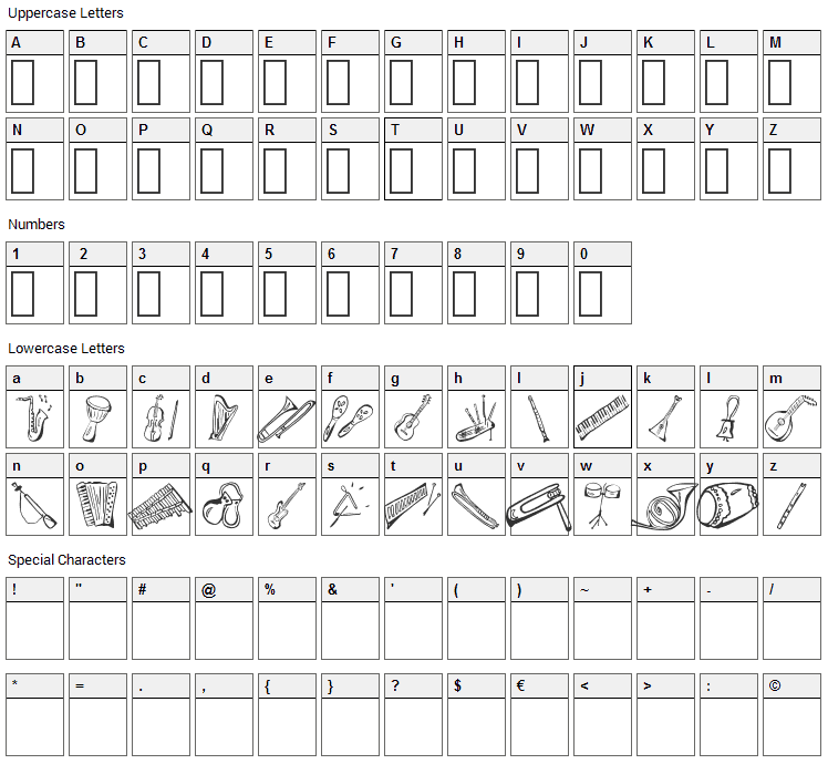 Music for a while Font Character Map