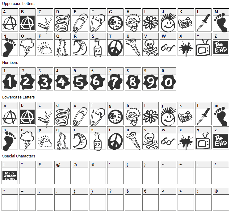 MW Ding-A-Lings Font Character Map