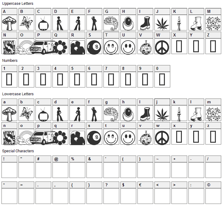 My 70s Dings Font Character Map