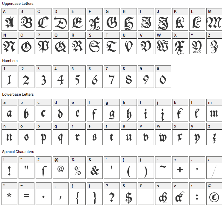My Electronic Schwabach Font Character Map