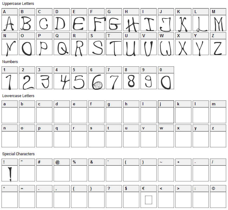 My Handwriting Font Character Map