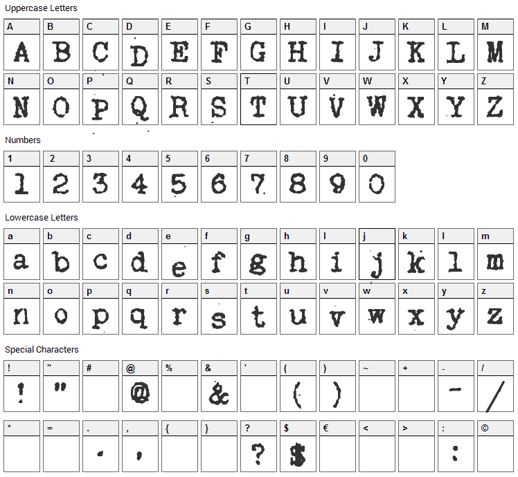 My Old Remington Font Character Map