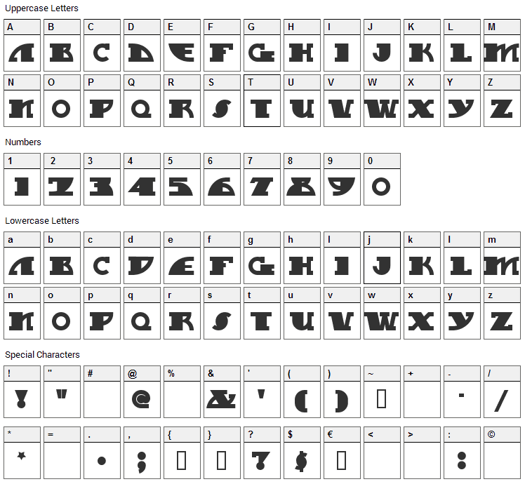 MyGalSwoopy Font Character Map