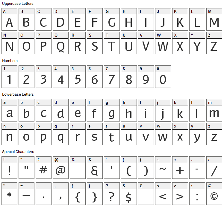 Myndraine Font Character Map