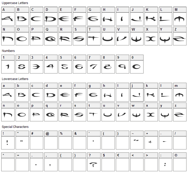 Myque Font Character Map