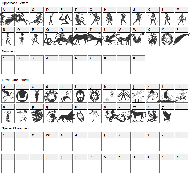 Mythical & Hoplite Noogies Font Character Map