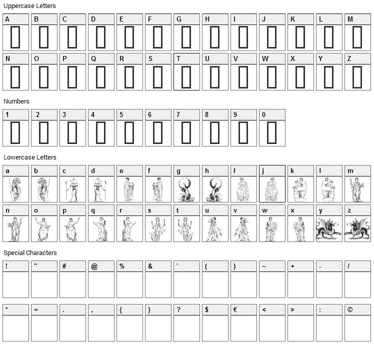 Mythology One Font Character Map
