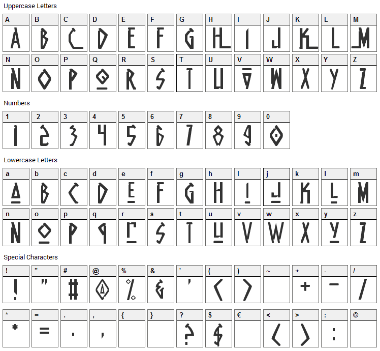 Native Alien Font Character Map