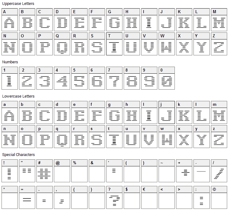 Negative Tuning Font Character Map