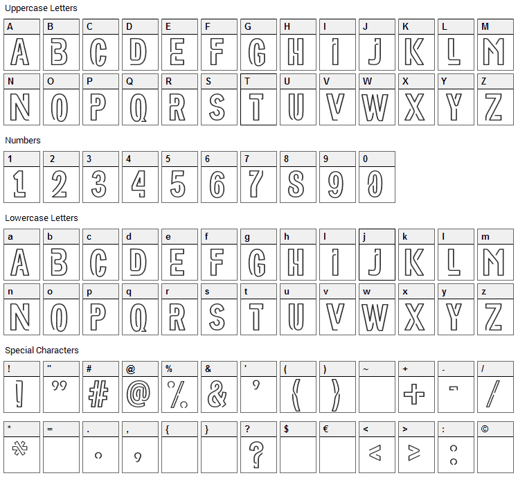 Neoneon Font Character Map
