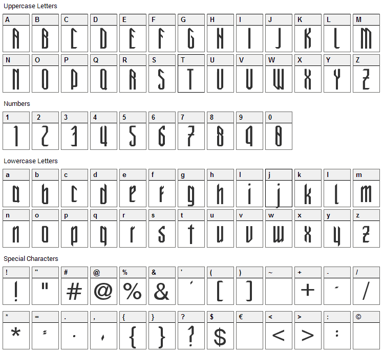 New Gothic Style Font Character Map