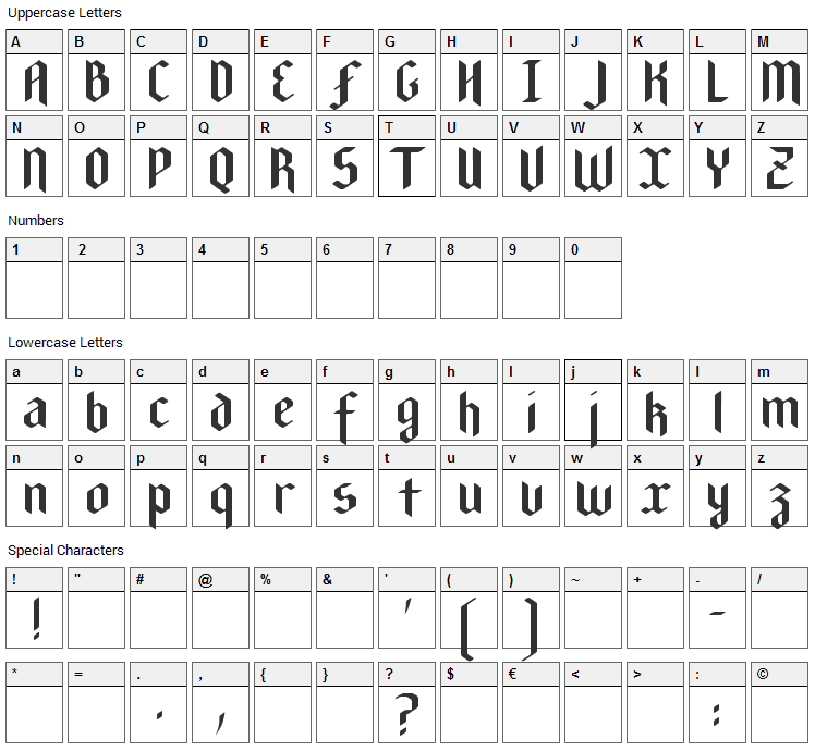 New Gothic Textura Font Character Map