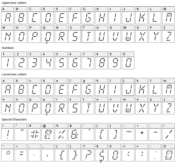 New X Digital Font Character Map