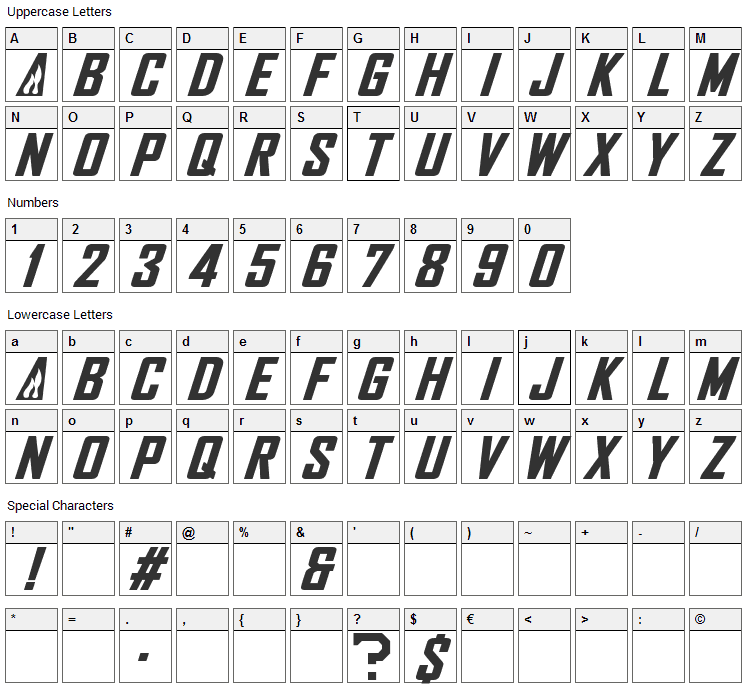 NHL Flames Font Character Map