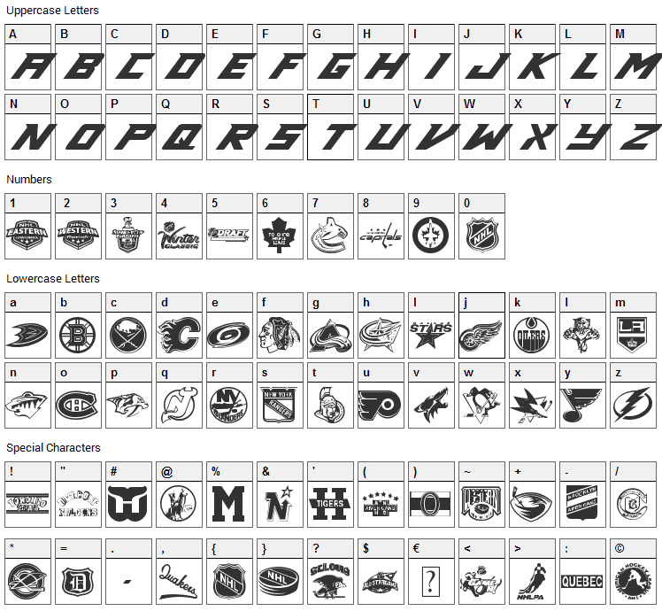 NHL Font Character Map