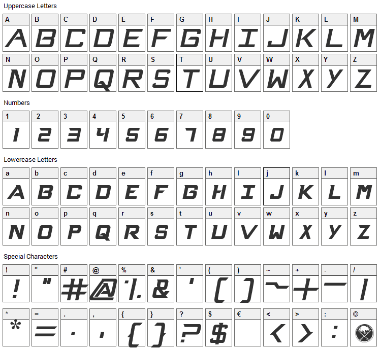 NHL Sabres Font Character Map