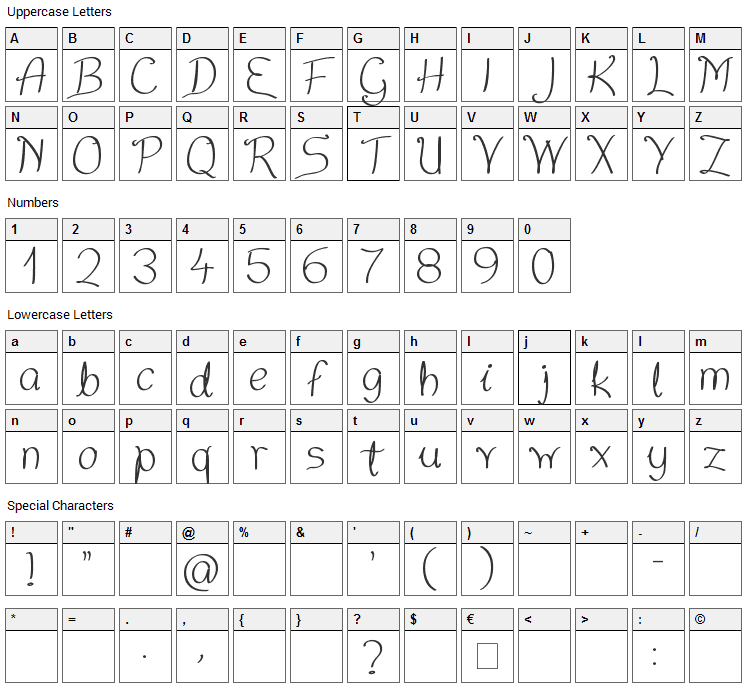 Nice Written Font Character Map