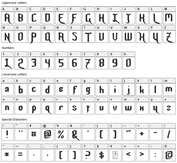 Night Warrior Font Character Map