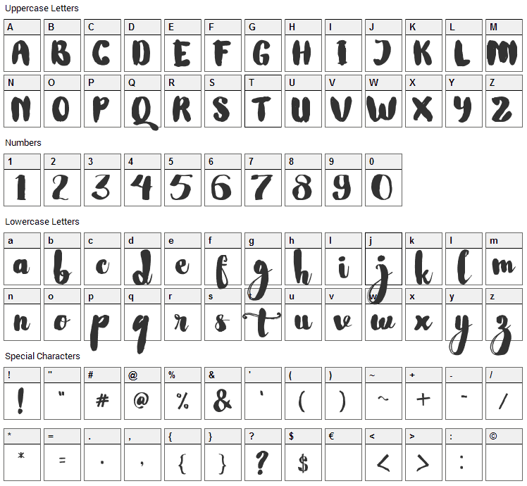 Nightamore Font Character Map